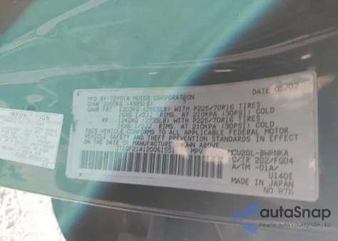 2002 Toyota Highlander V6 из США, поврежденный, VIN JTEGF21A120061551